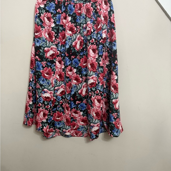 Dresses & Skirts - Floral A-Line Midi Skirt in Black with Pink & Blue Blooms